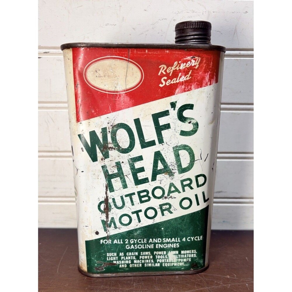 Vintage Rectangular 1 Quart Wolf's Head Outboard Motor Oil Can